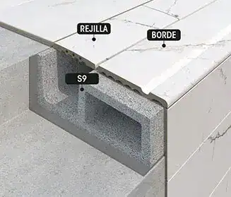 Detailed view of Rosa Gres Prestige tile installation with labeled components for quality and durability. Close-up of Rosa Gres Prestige tile with concrete block and labels.