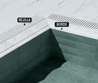 Detailed view of pool edge showcasing Rejilla and Borde tiles from Rosa Gres Prestige collection. Close-up of pool edge with Rejilla and Borde tiles in Rosa Gres Prestige.
