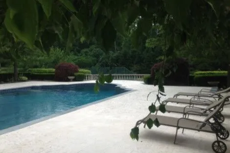 Elegant inground pool with outdoor lounge chairs surrounded by lush trees and landscaping in Long Island. Beautiful inground pool with lounge chairs and lush greenery in Long Island.