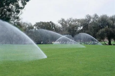 Efficient irrigation system maintaining the vibrant green landscape of a golf course. Sprinkler irrigation system watering a lush green golf course.