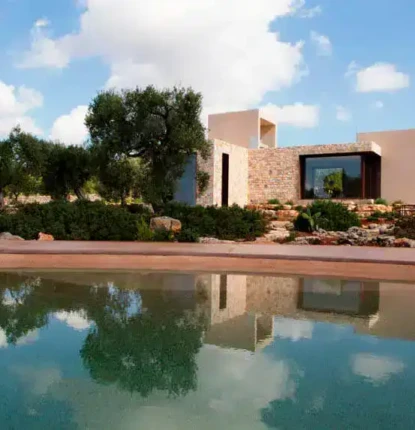 Contemporary house with pool, outdoor furnishings, and natural landscape.