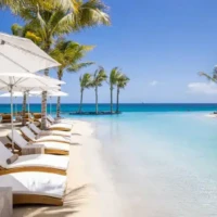 Elegant outdoor pool area with loungers, umbrellas, and palm trees overlooking the ocean. Luxury poolside scene with loungers, umbrellas, and palm trees by the ocean.