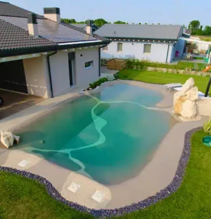 Beautiful backyard with custom inground pool and outdoor furnishings in Long Island.