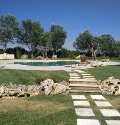 Beautiful backyard with in-ground pool, stone pathway, and outdoor seating.