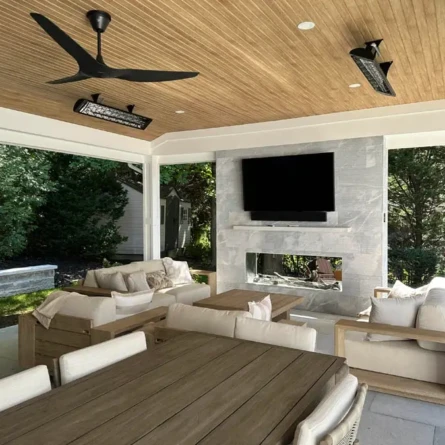 Beautiful outdoor living space with cozy seating, fireplace, and TV, perfect for relaxing and entertaining. Elegant outdoor living area with a fireplace, TV, and comfortable seating under a wooden roof.