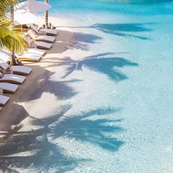 Elegant outdoor pool area with lounge chairs, umbrellas, and palm trees on Long Island. Luxury pool with lounge chairs and umbrellas on Long Island.