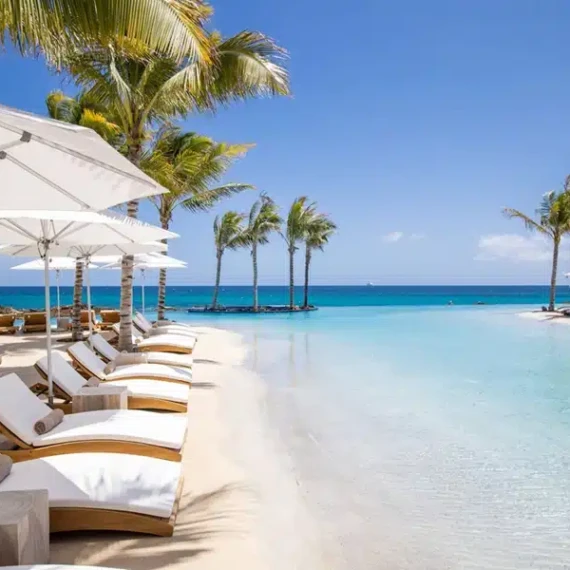 Relaxing tropical beach scene with lounge chairs, umbrellas, and clear blue water. Beautiful tropical beach with lounge chairs and umbrellas overlooking the ocean.