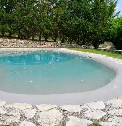 Inground pool with stone border and outdoor seating in lush garden setting.