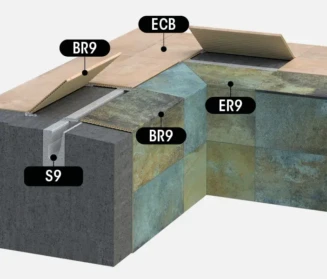Detailed view of pool construction layers including concrete, insulation, and finishing materials. Cross-section of pool construction layers with labeled materials.