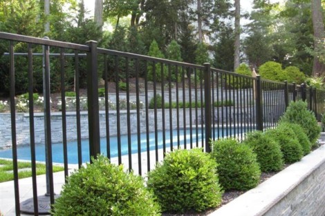 Secure and stylish pool fencing by All Island Group on Long Island, perfect for outdoor safety and aesthetics. Black metal pool fence with lush greenery and trees in the background.