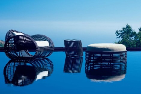 Stylish outdoor lounge furniture set by the pool, perfect for relaxing and enjoying outdoor living. Modern outdoor lounge chairs and ottomans by the poolside.