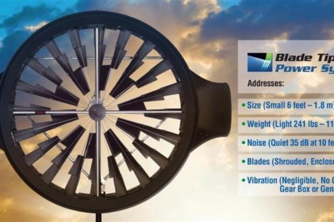 Close-up of Blade Tip Power System showcasing size, weight, noise level, blades, and vibration details. Blade Tip Power System with specifications for green energy solutions.