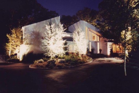 Contemporary house with outdoor lighting highlighting trees and landscape features at night. Night view of modern house illuminated by landscape lighting and trees.