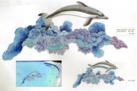 Decorative dolphin pool art with vibrant coral and seaweed accents for outdoor pool enhancement. Dolphin-shaped pool decor with colorful coral and seaweed accents.