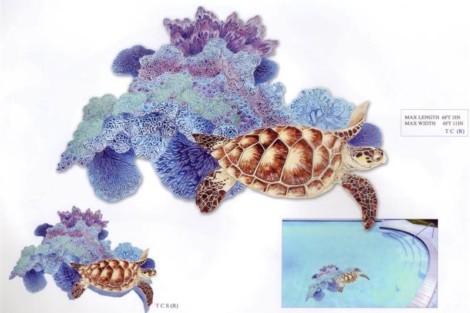 Vivid mosaic tile featuring a sea turtle and coral for pool or outdoor decor. Colorful coral and sea turtle mosaic tile for pool decor.